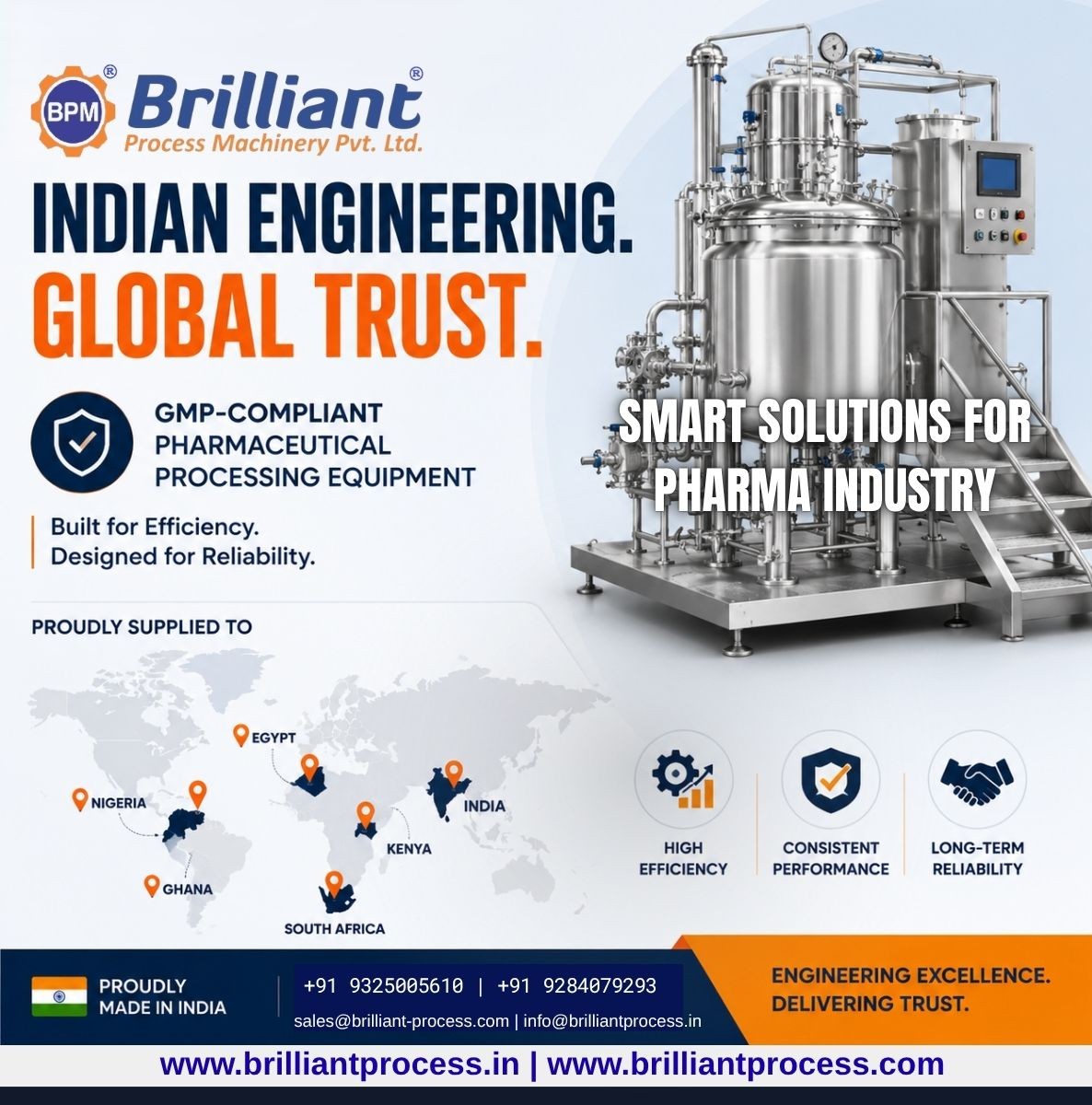 Brilliant Process Machinery Pvt. Ltd. is a trusted manufacturer and exporter of pharmaceutical processing equipment, serving clients across domestic and international markets.